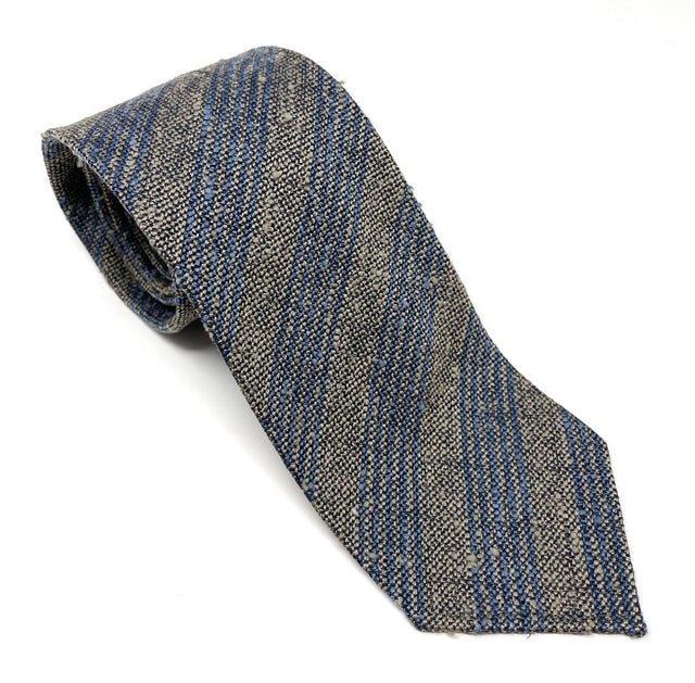 Regimental Multi Stripe Shantung Tie - Olive Grey & Blue - Wilmok