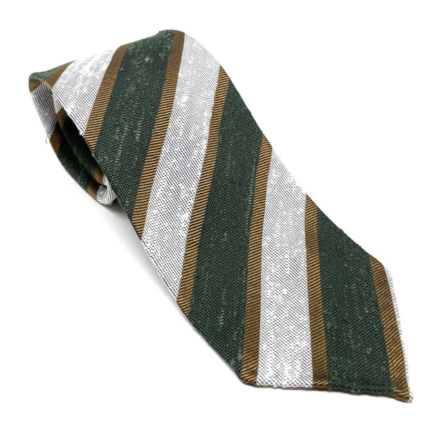 Regimental Shantung Tie - Green and White with Gold Stripes - Wilmok