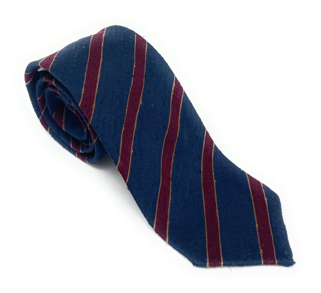 Regimental Shantung Tie - Navy with Burgundy & Yellow Stripes - Wilmok