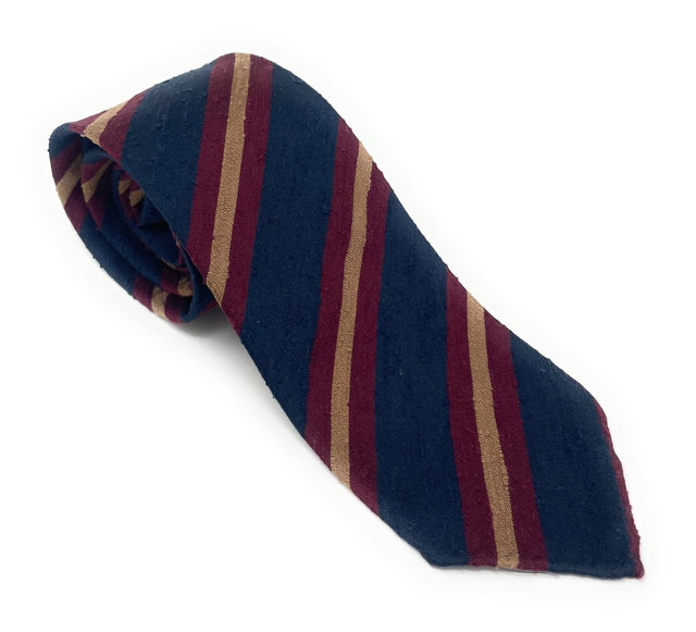 Regimental Shantung Tie - Navy with Burgundy & Yellow Stripes - Wilmok