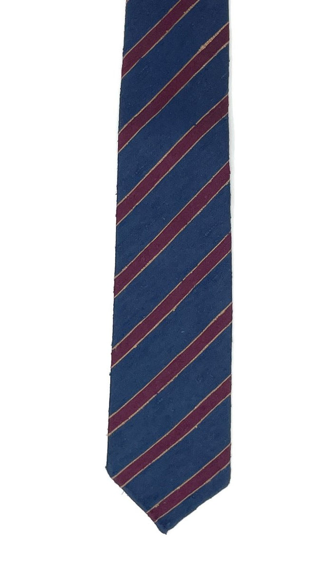 Regimental Shantung Tie - Navy with Burgundy & Yellow Stripes - Wilmok