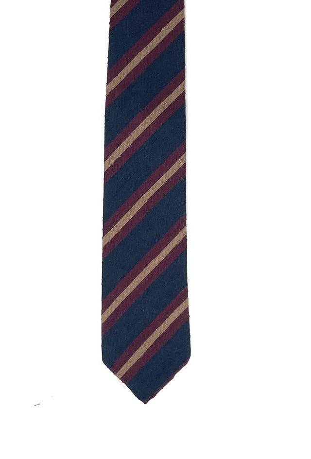 Regimental Shantung Tie - Navy with Burgundy & Yellow Stripes - Wilmok