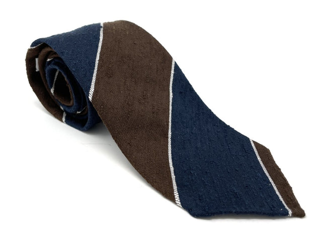 Shantung Untipped Block Striped Navy Brown Tie - Wilmok