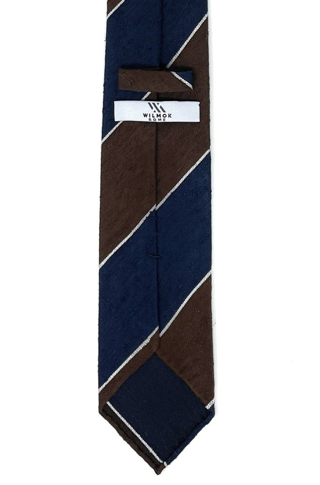 Shantung Untipped Block Striped Navy Brown Tie - Wilmok