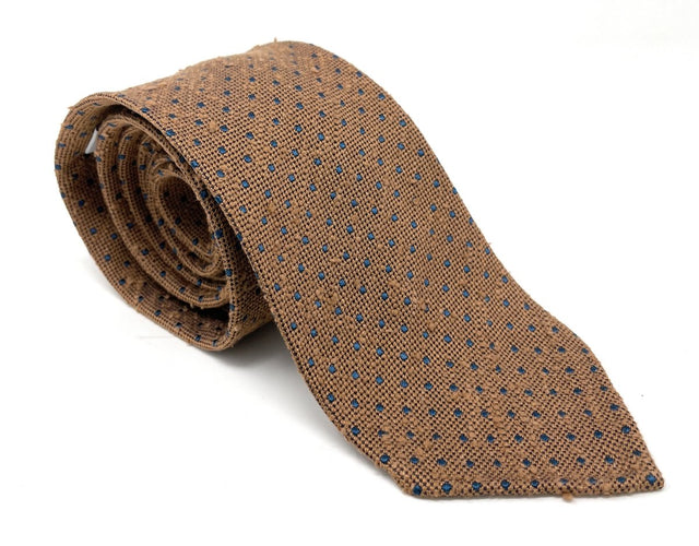 Shantung Untipped Blue Polka Dot Light Brown Tie - Wilmok