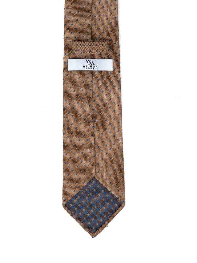 Shantung Untipped Blue Polka Dot Light Brown Tie - Wilmok