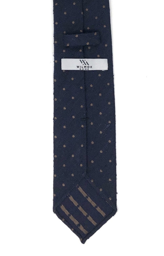 Shantung Untipped Brown Polka Dot Navy Blue Tie - Wilmok