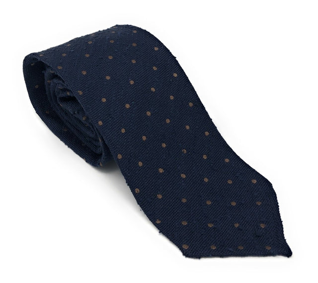 Shantung Untipped Brown Polka Dot Navy Blue Tie - Wilmok