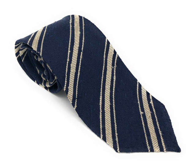 Shantung Untipped Multi Striped Navy White Tie - Wilmok