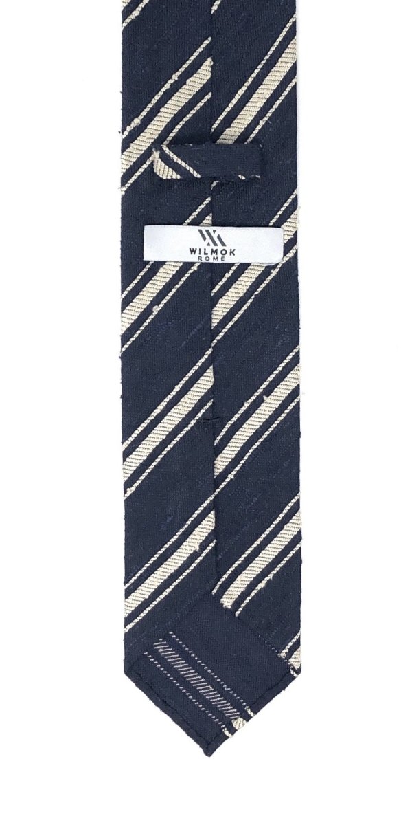 Shantung Untipped Multi Striped Navy White Tie - Wilmok