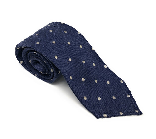 Shantung Untipped Polka Dot Navy White Tie - Wilmok