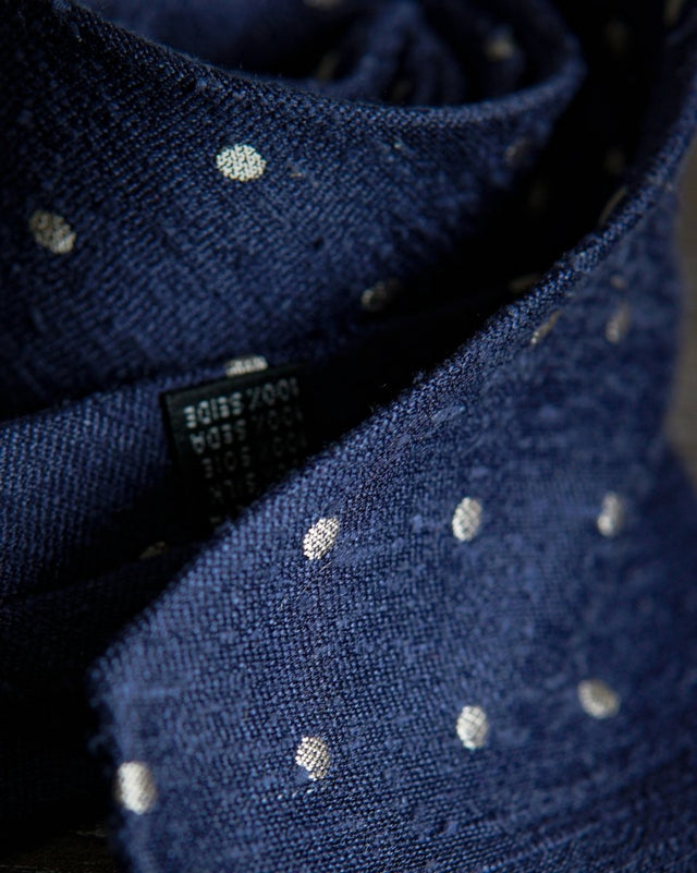 Shantung Untipped Polka Dot Navy White Tie - Wilmok