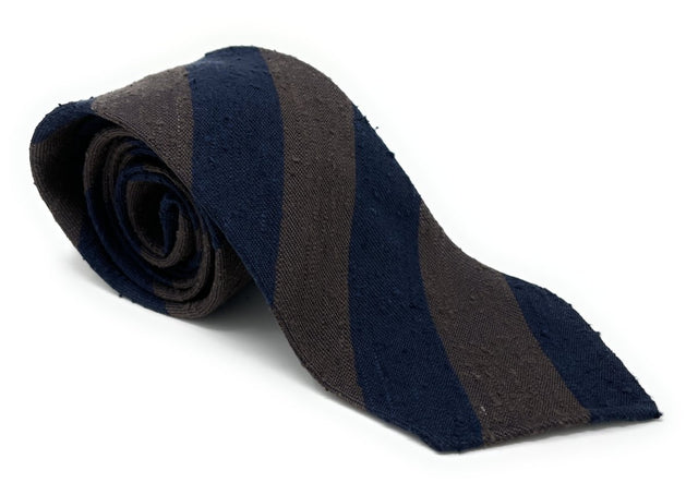 Shantung Untipped Striped Navy Brown Tie - Wilmok