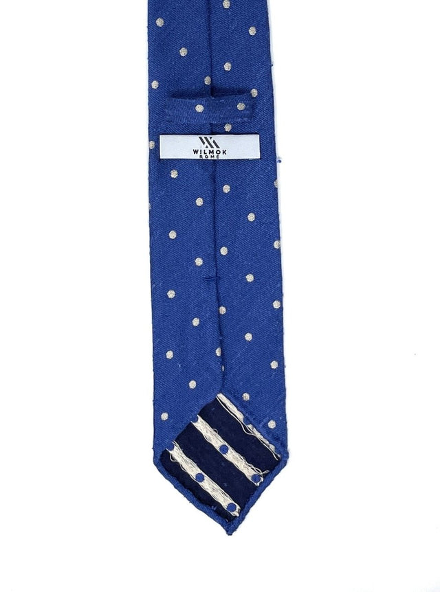 Shantung Untipped White Polka Dot Royal Blue Tie - Wilmok