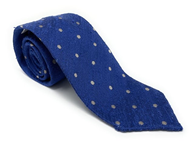 Shantung Untipped White Polka Dot Royal Blue Tie - Wilmok